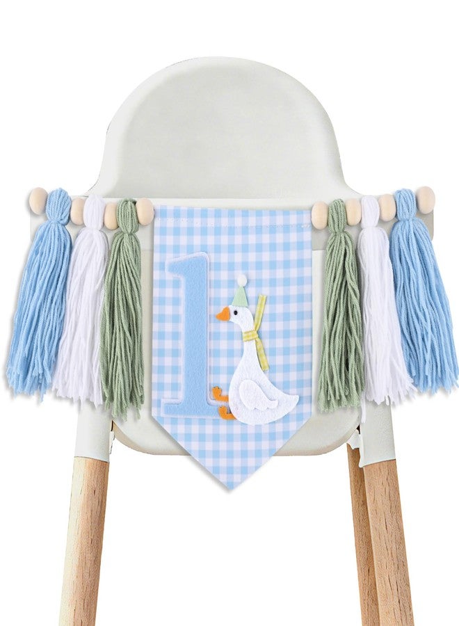 Aufee One Funny Goose High Chair Banner for Boys 1st Birthday Decorations, Blue Silly Goose Stripe-Style Garland with Yarn Tassel, Goose Themed Hanging Ornament for Baby Shower, Flower Lawn Party Supply - Image 1